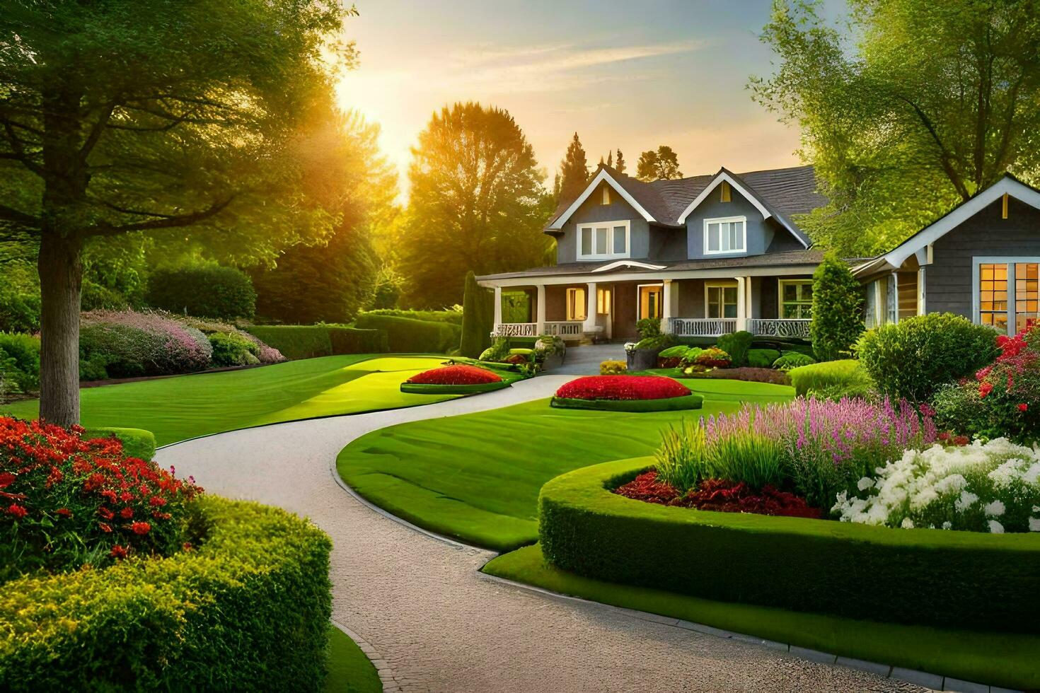 un' bellissimo giardino con un' Casa e prato. ai-generato foto