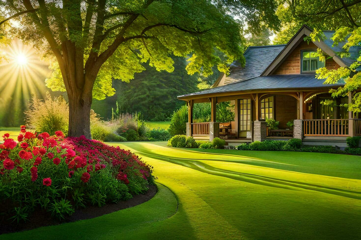 un' bellissimo Casa con un' prato e alberi. ai-generato foto