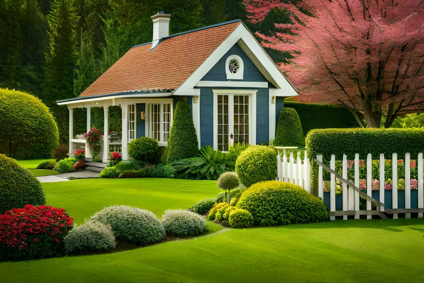 un' piccolo Villetta con un' giardino e fiori. ai-generato foto