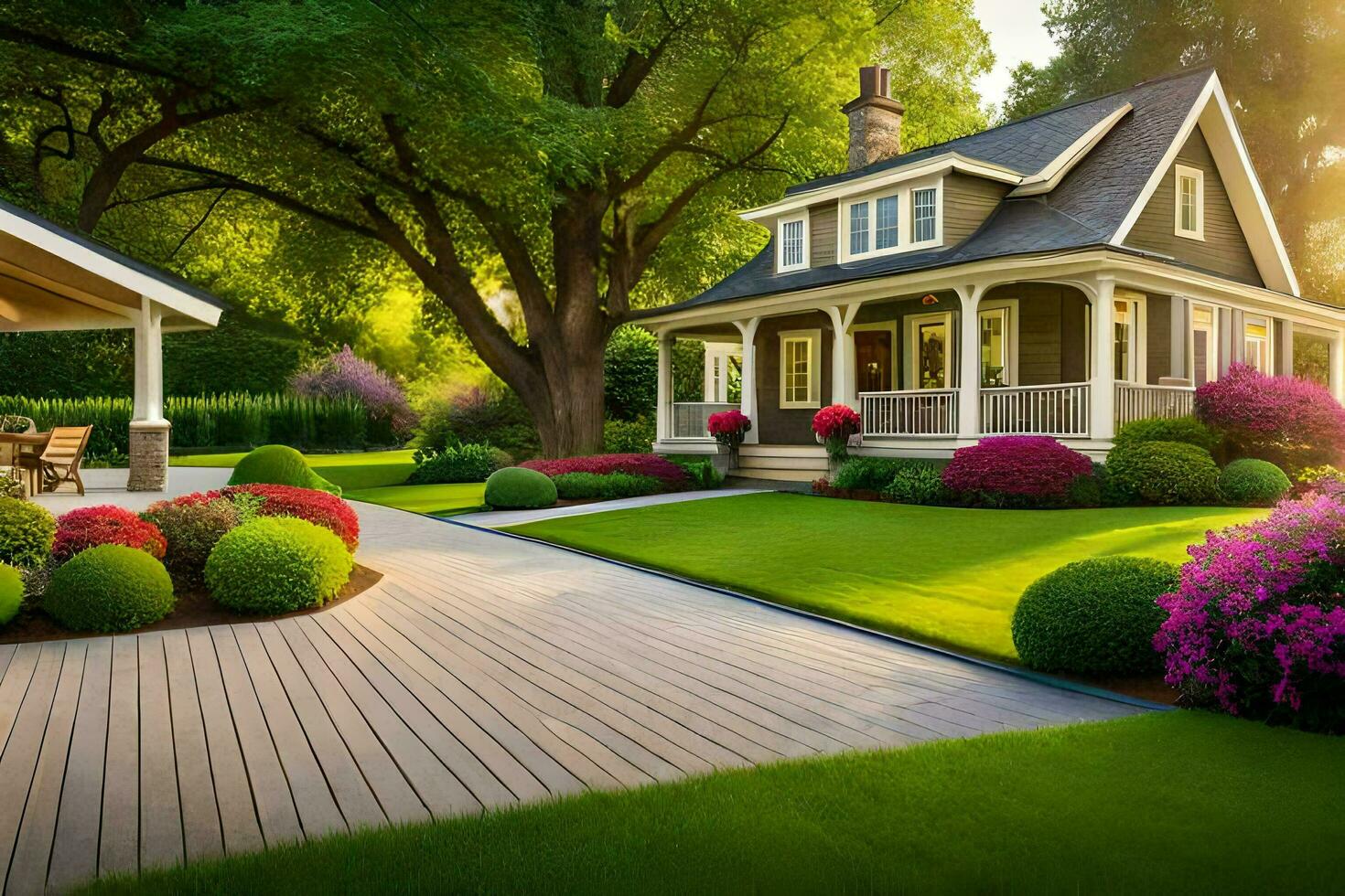 un' bellissimo casa con un' bellissimo giardino. ai-generato foto