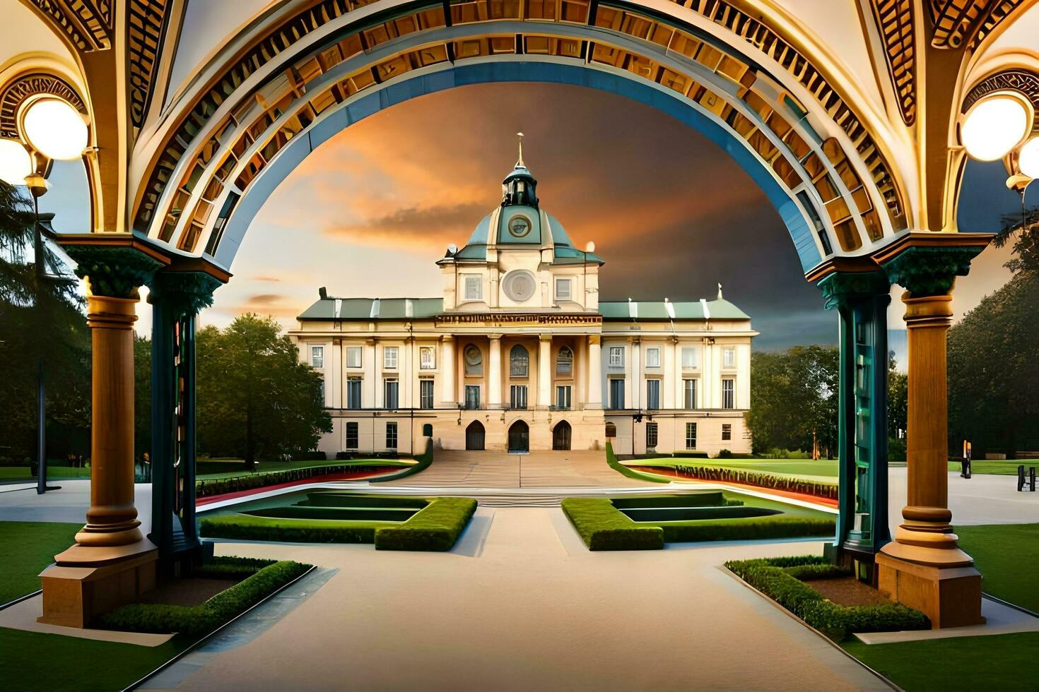 un' bellissimo edificio con archi e un' orologio Torre. ai-generato foto