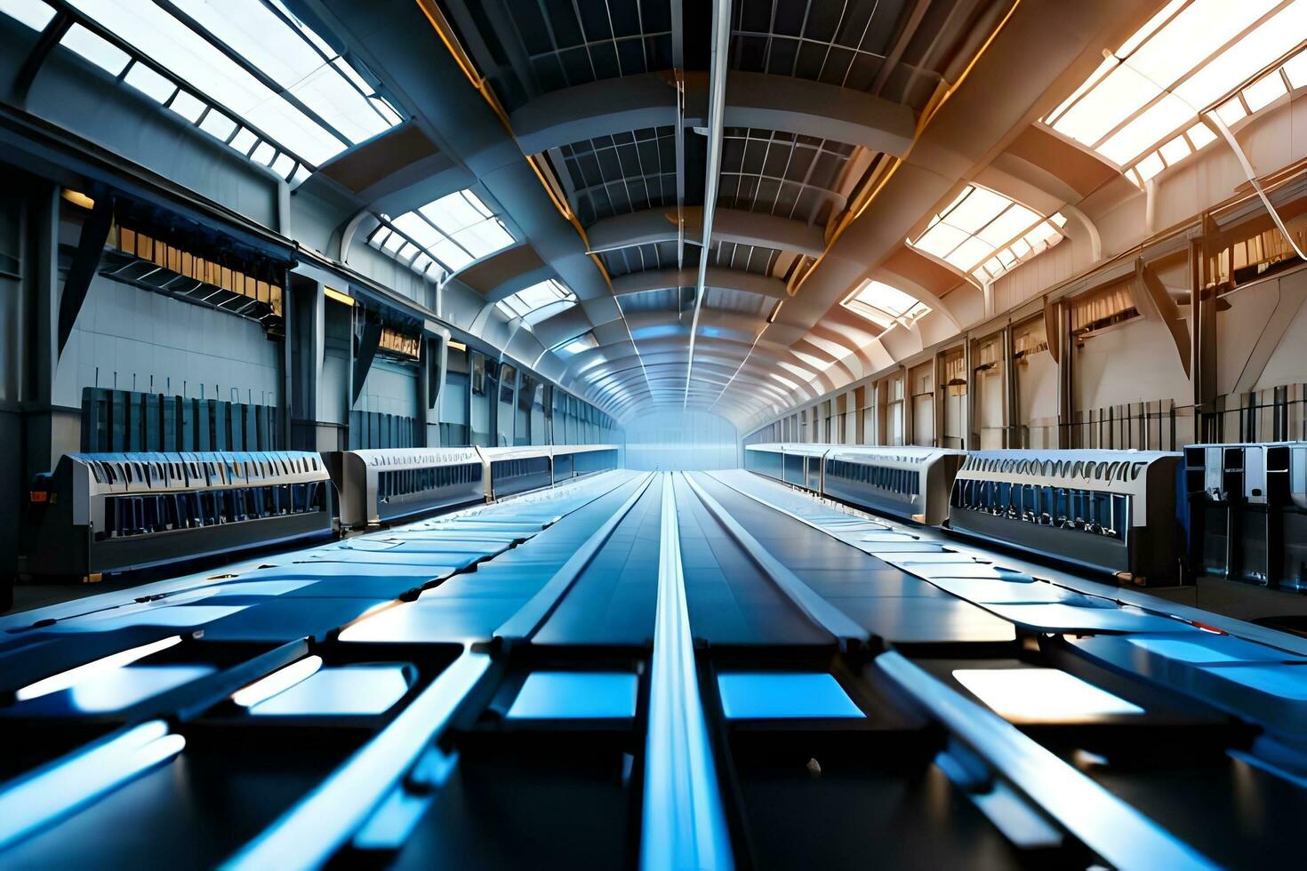 un' lungo treno traccia nel un' fabbrica. ai-generato foto