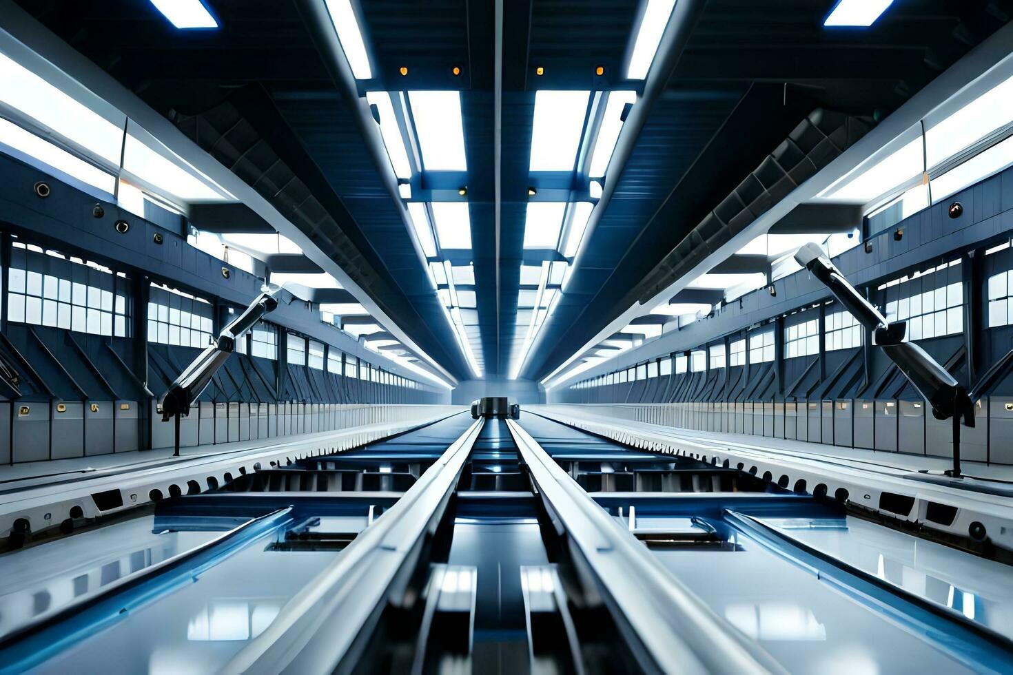 un' lungo treno traccia nel un' grande costruzione. ai-generato foto