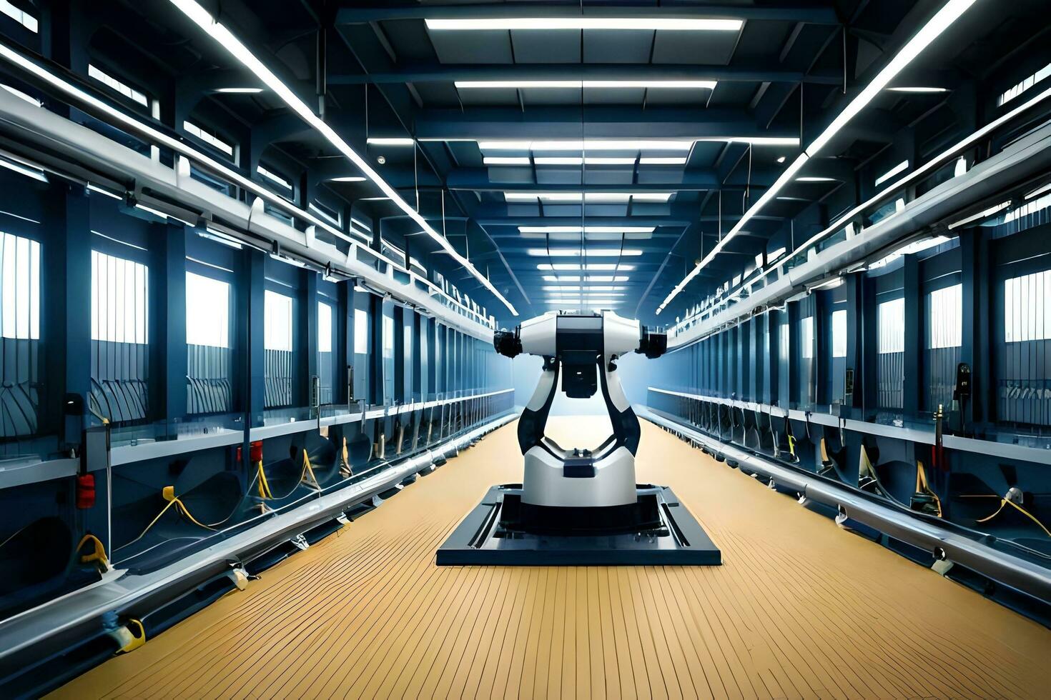 un' robot è in piedi nel un' grande magazzino. ai-generato foto