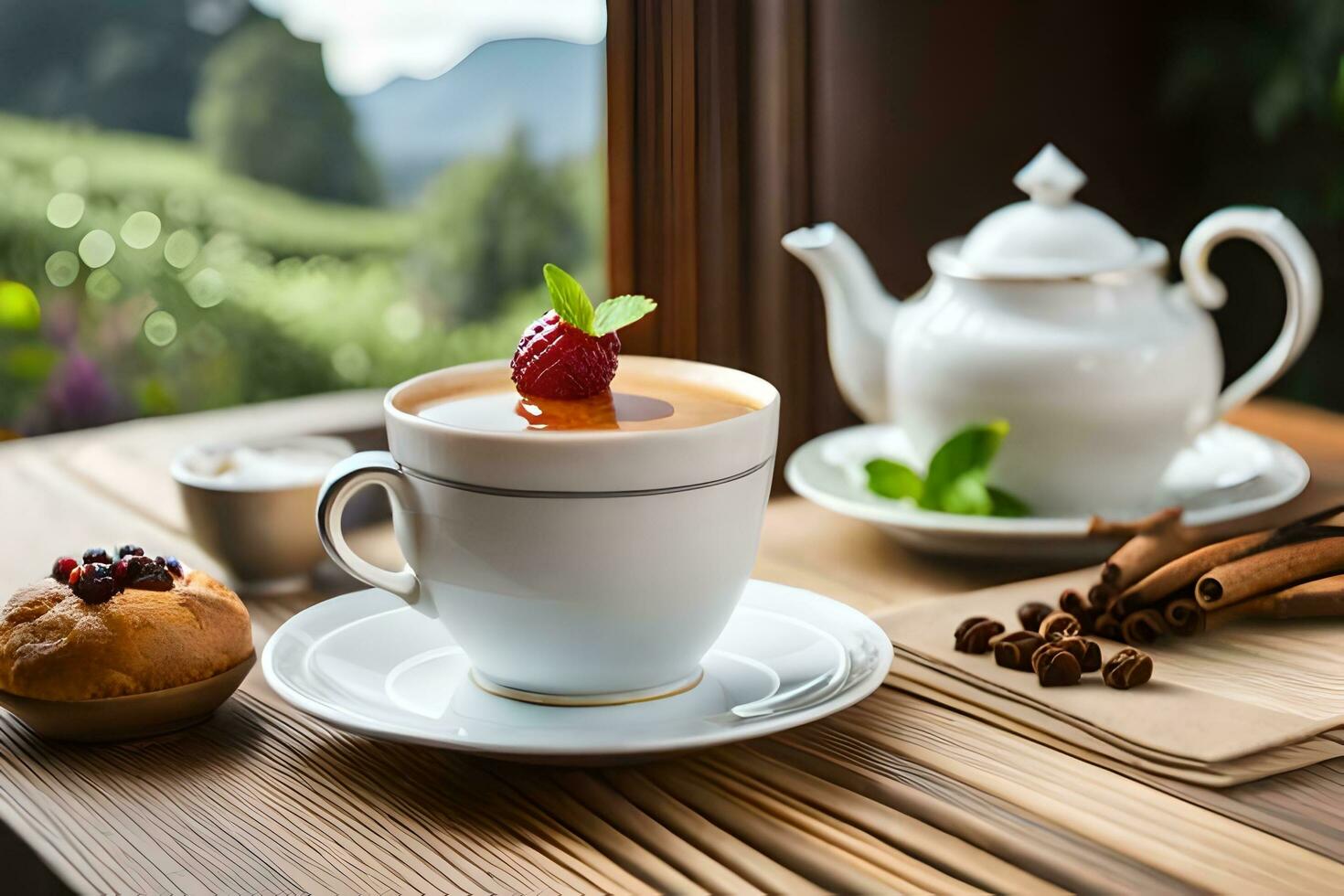 un' tazza di tè e un' tazza di caffè su un' tavolo con un' Visualizza di il montagne. ai-generato foto