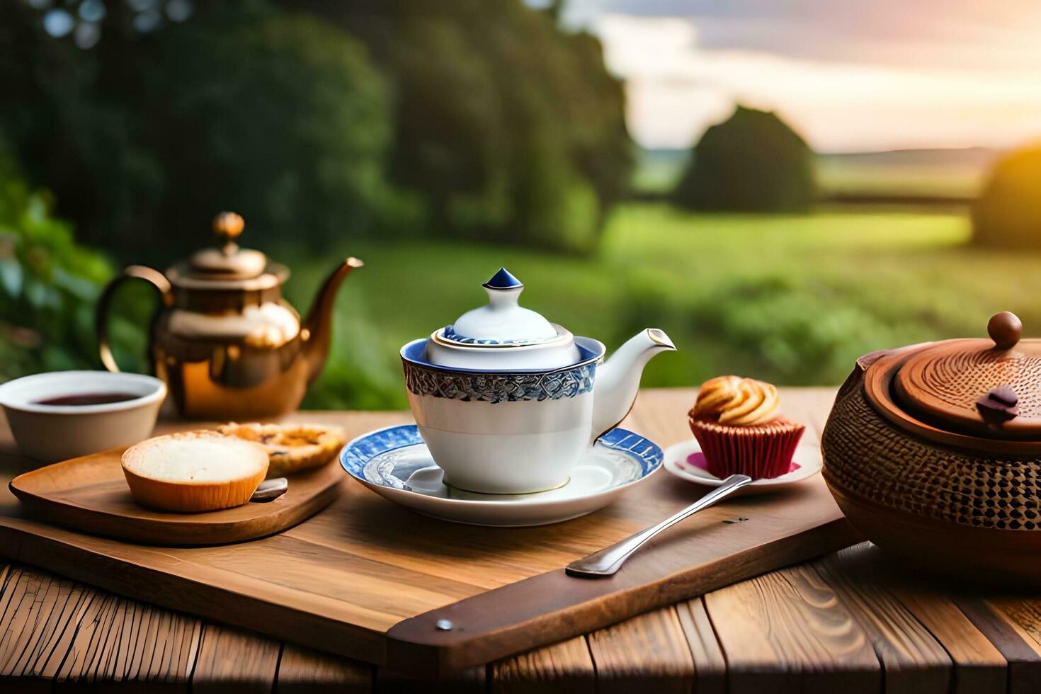 tè e cupcakes su un' tavolo con un' Visualizza di il tramonto. ai-generato foto