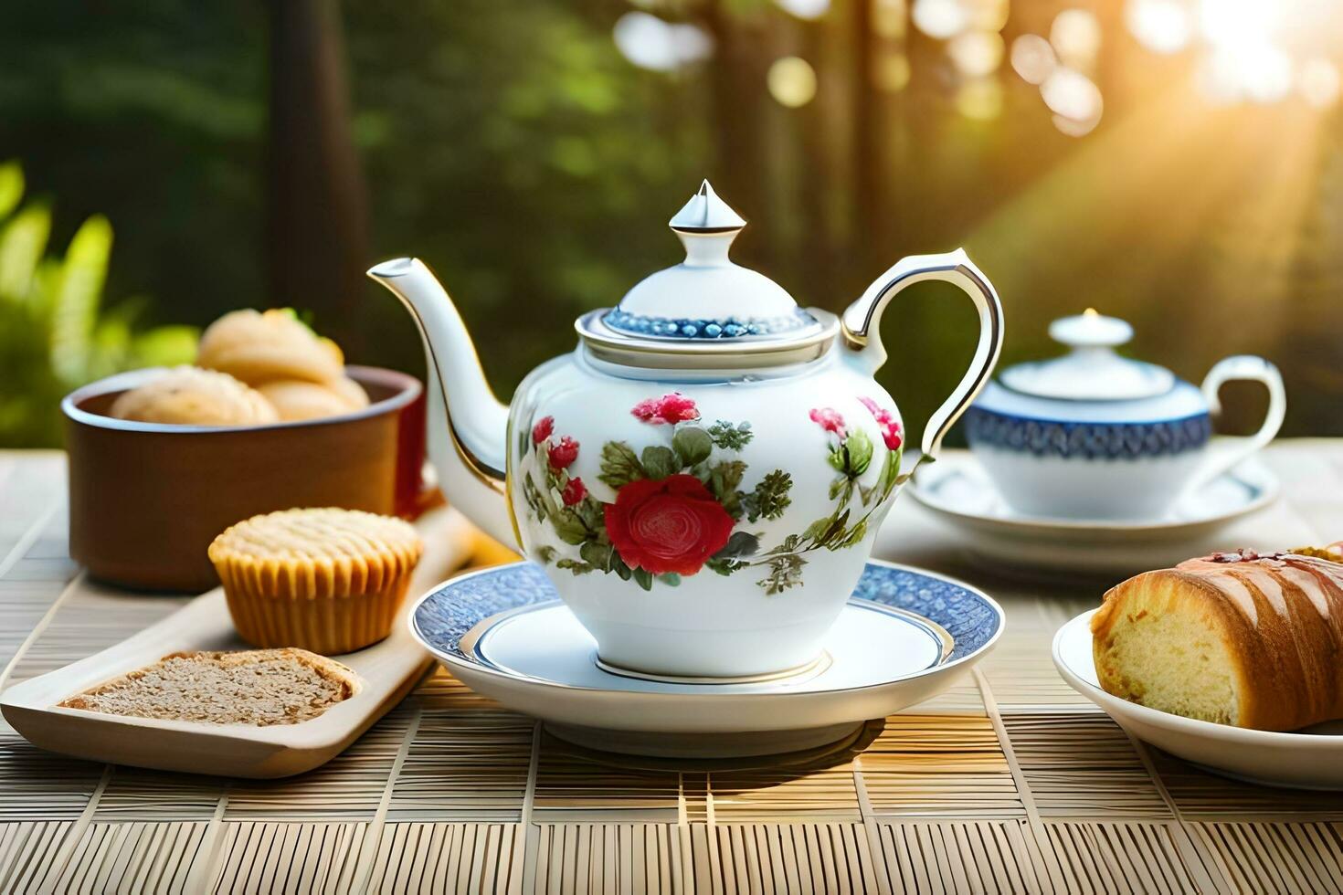 un' teiera, tazza e piatto su un' tavolo con un' tazza di tè. ai-generato foto