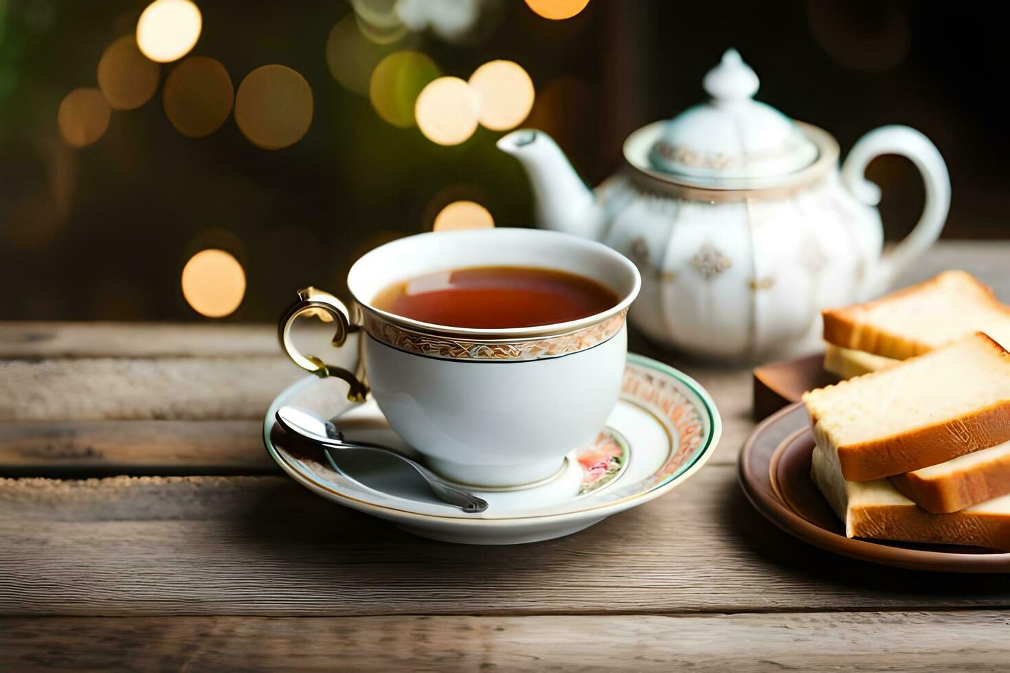 tè e pane su un' di legno tavolo con bokeh luci. ai-generato foto