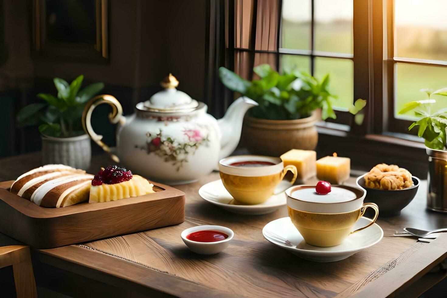 un' tavolo con tè e torte su esso. ai-generato foto