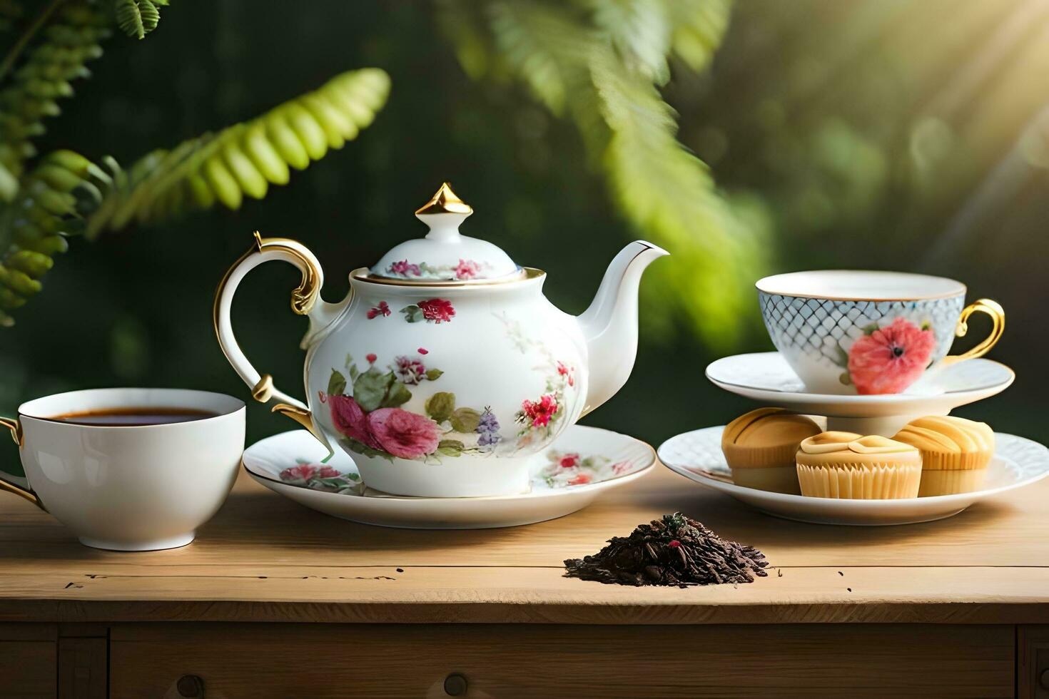 tè e caffè su un' tavolo con un' verde sfondo. ai-generato foto