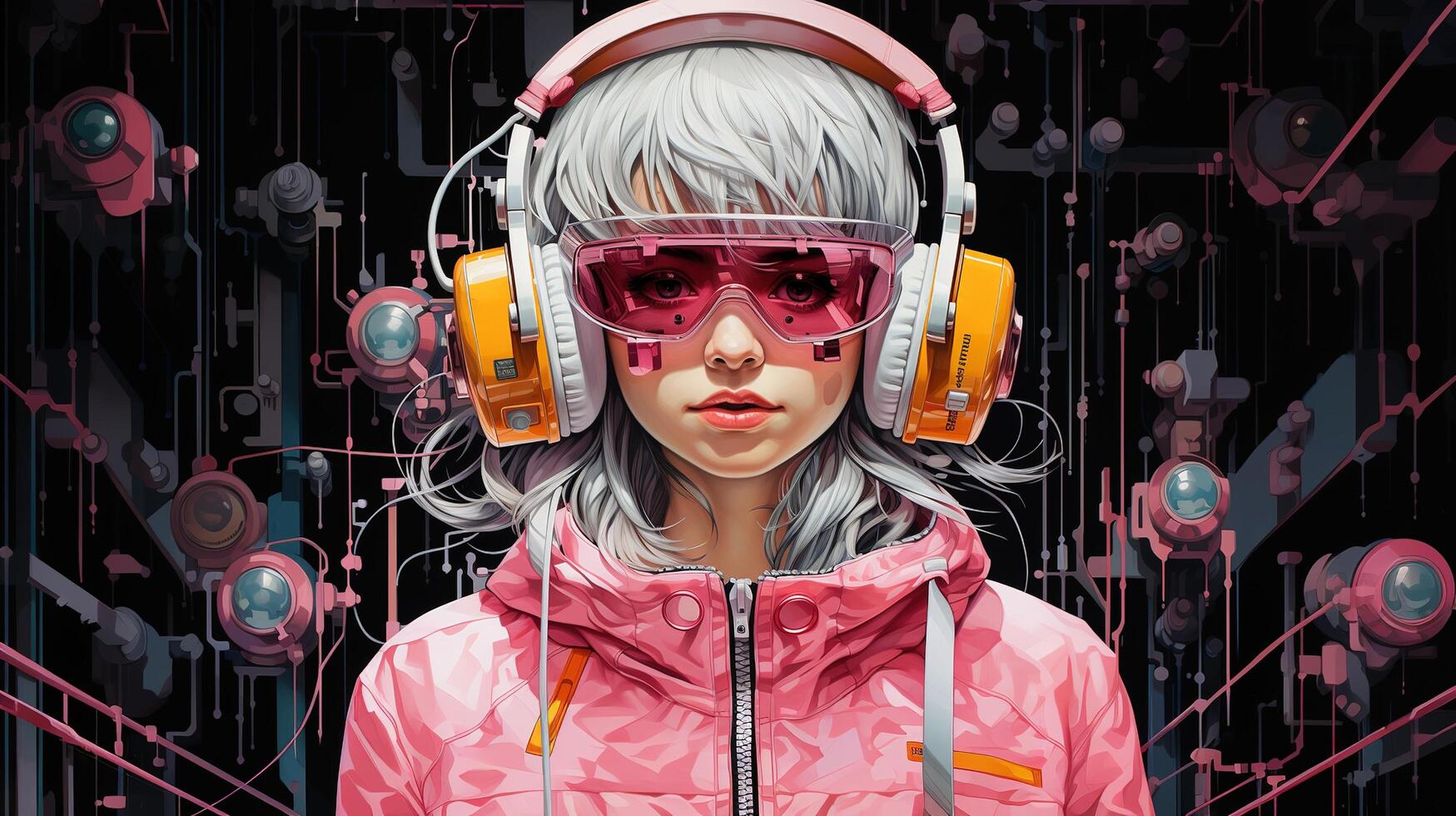 generativo ai, persona nel occhiali, cyberpunk anime stile. leggero giallo e rosa colori, virtuale la realtà concetto foto