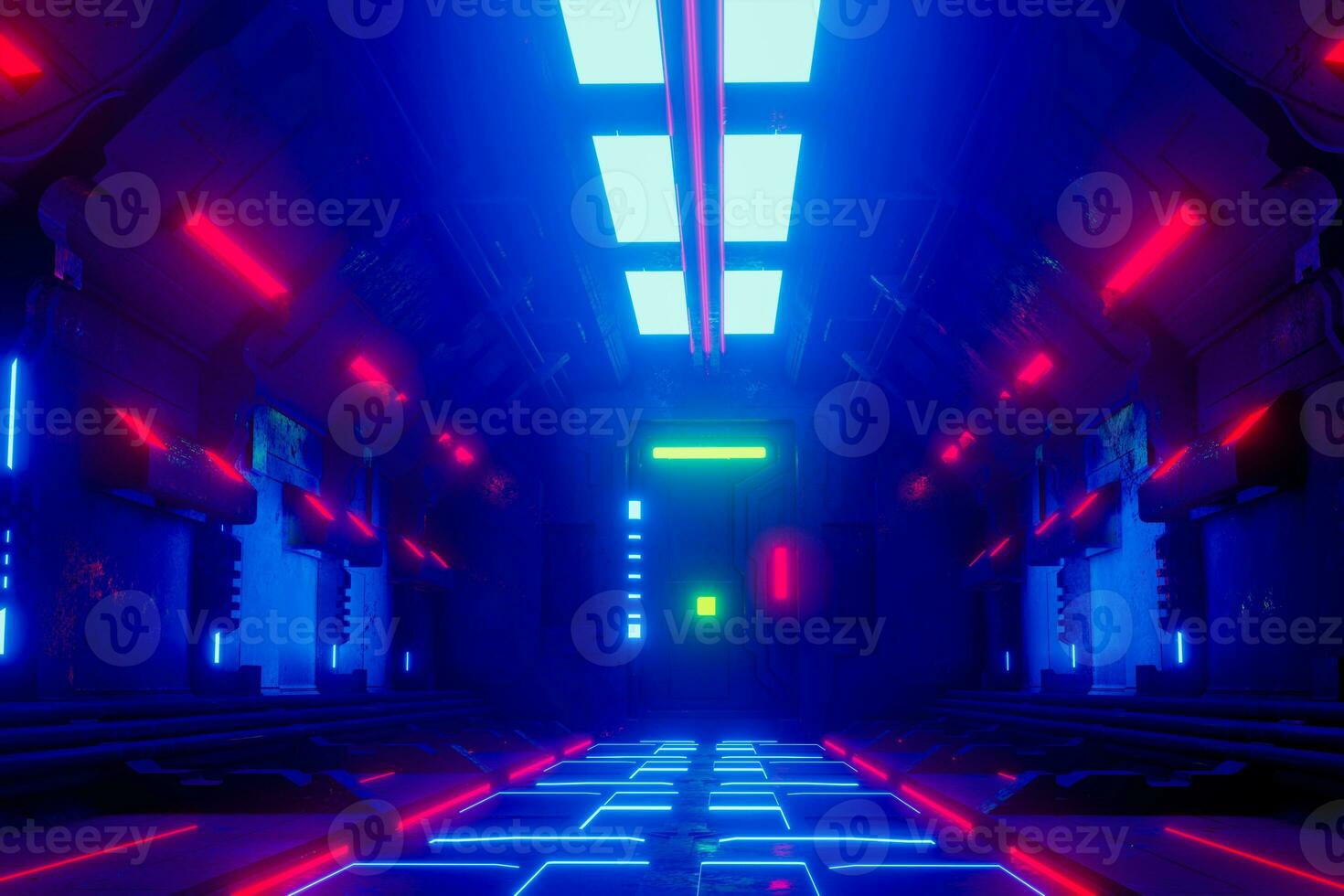 fantascienza grunge corridoio sfondo illuminato con neon luci 3d rendere foto