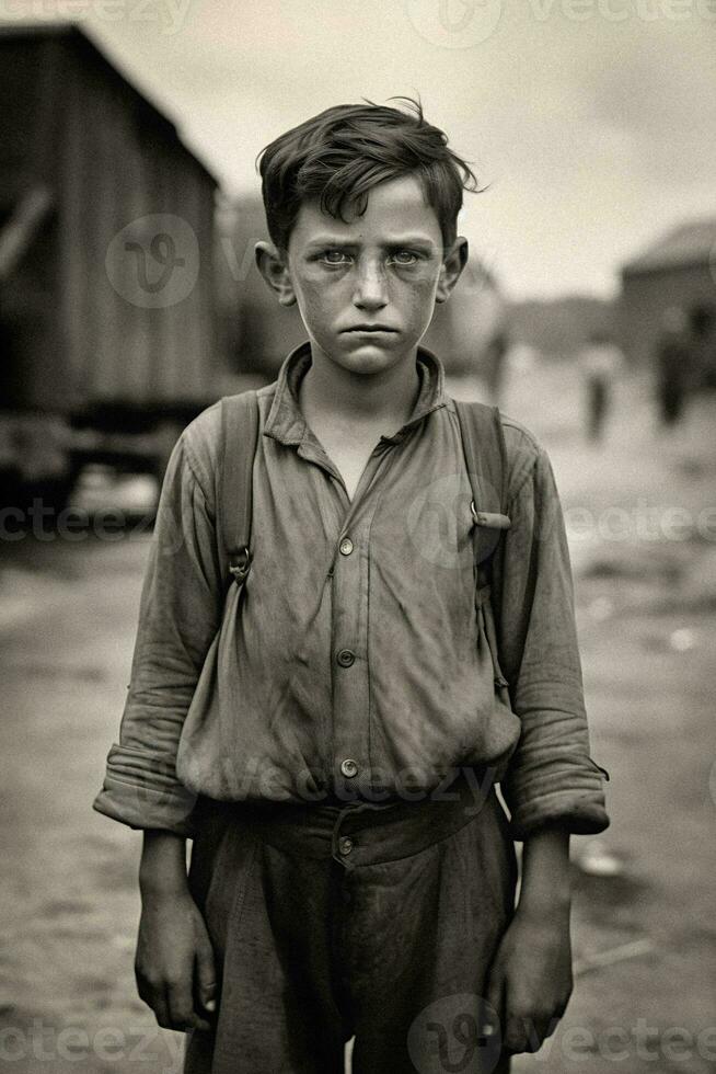 Vintage ▾ bw foto povero ragazzo in mezzo il grande depressione. generativo ai.