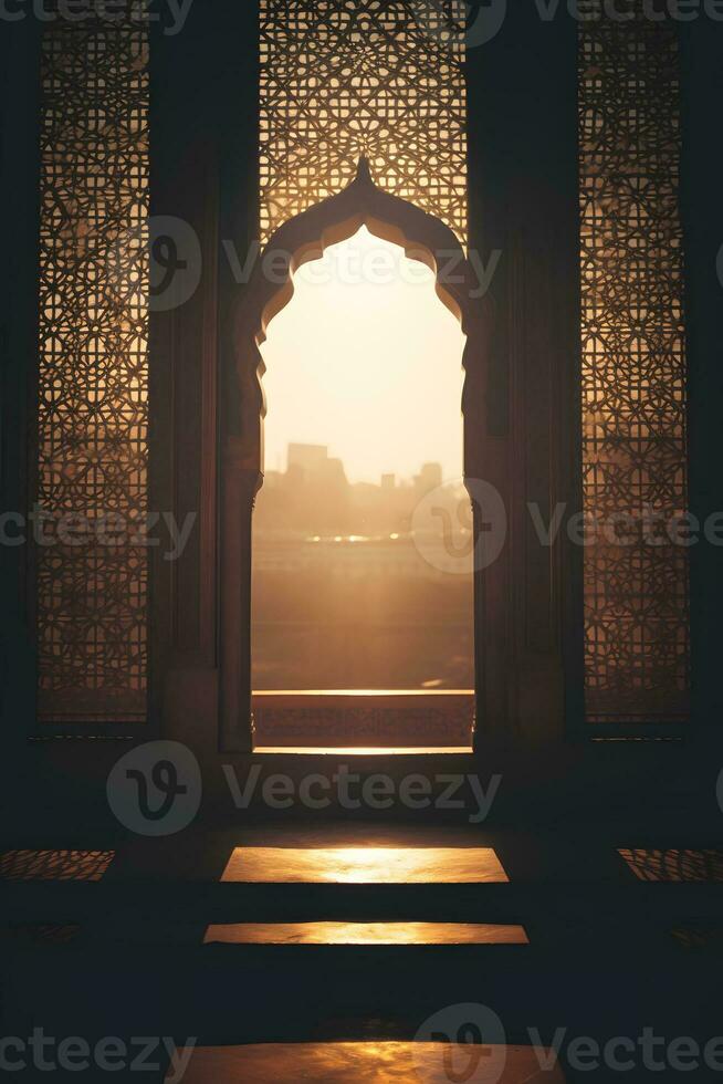 silhouette di un' finestra nel un' moschea nel il presto mattina ai generativo foto