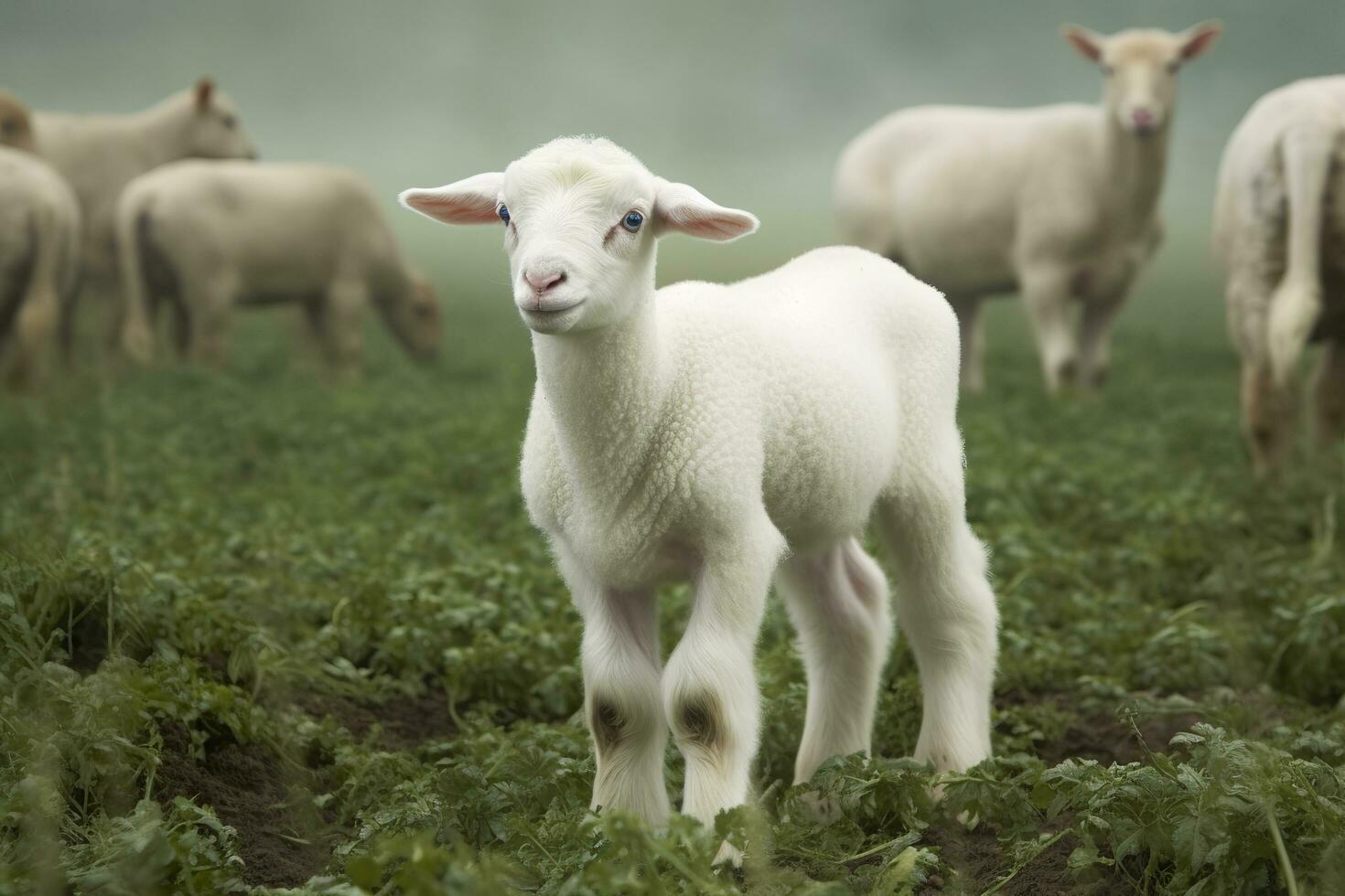 bianca agnello nel un' campo nel davanti di altro animali. generativo ai foto