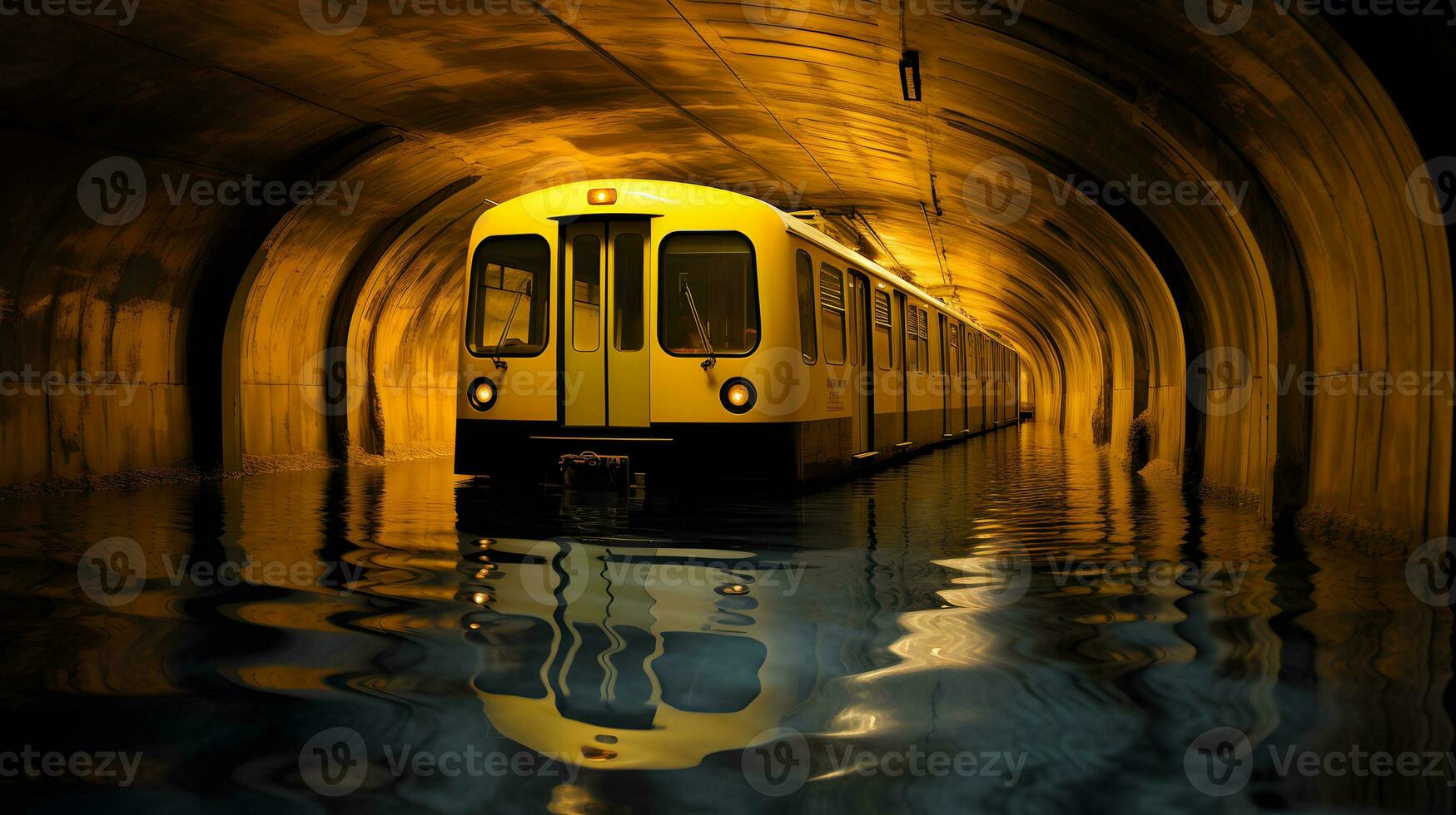 giallo metropolitana treno nel un' buio tunnel con riflessione nel il acqua ai generativo foto