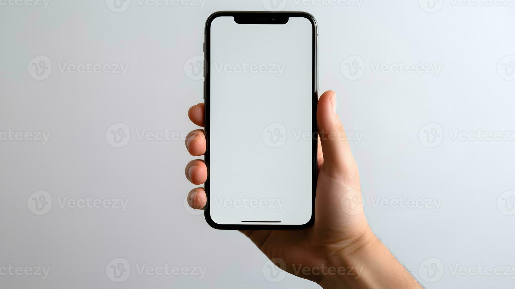 maschio mano Tenere un' Telefono con un' bianca schermo su un' grigio sfondo ai generativo foto