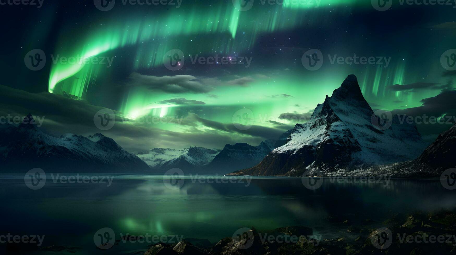 aurora boreale, settentrionale luci al di sopra di montagne nel il sfondo ai generativo foto