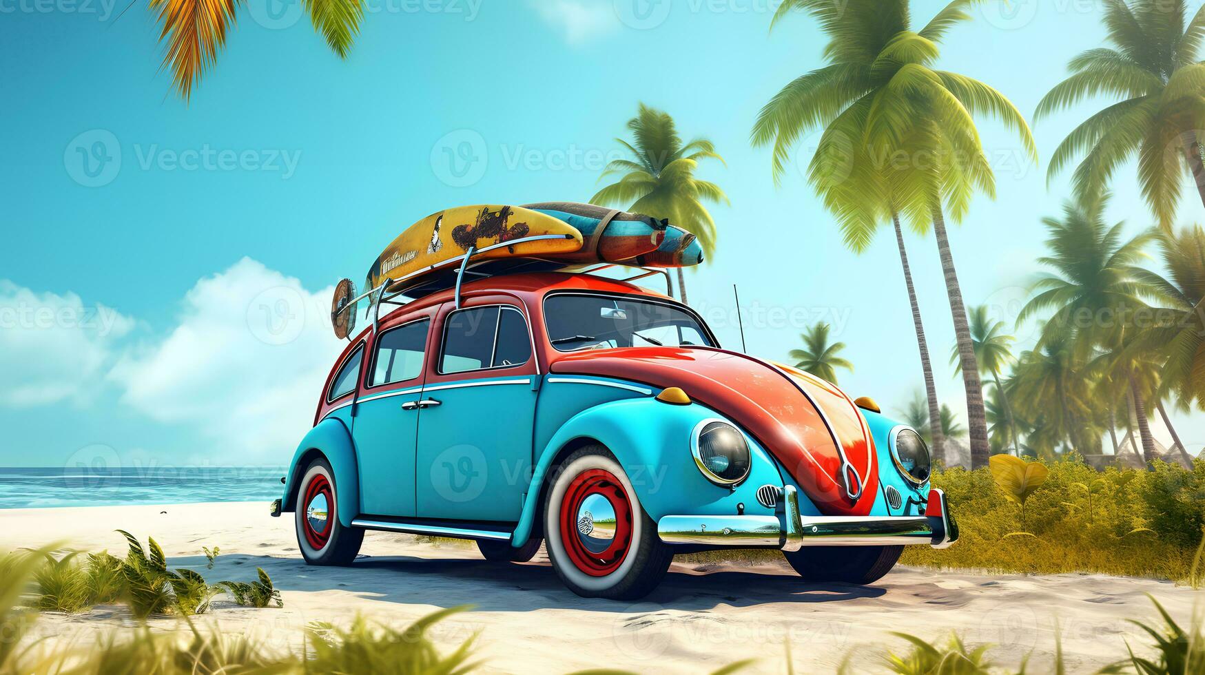 Vintage ▾ auto con bagaglio su il spiaggia ai generato foto