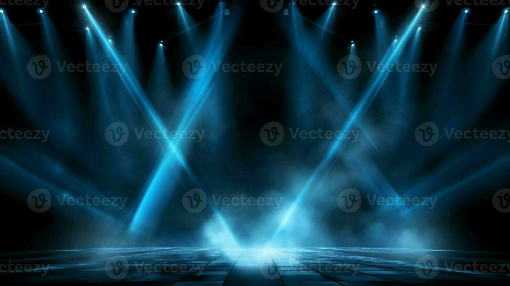 epico palcoscenico illuminazione. blu vettore riflettore, Fumo, e stadio ambiance su nero fondale foto