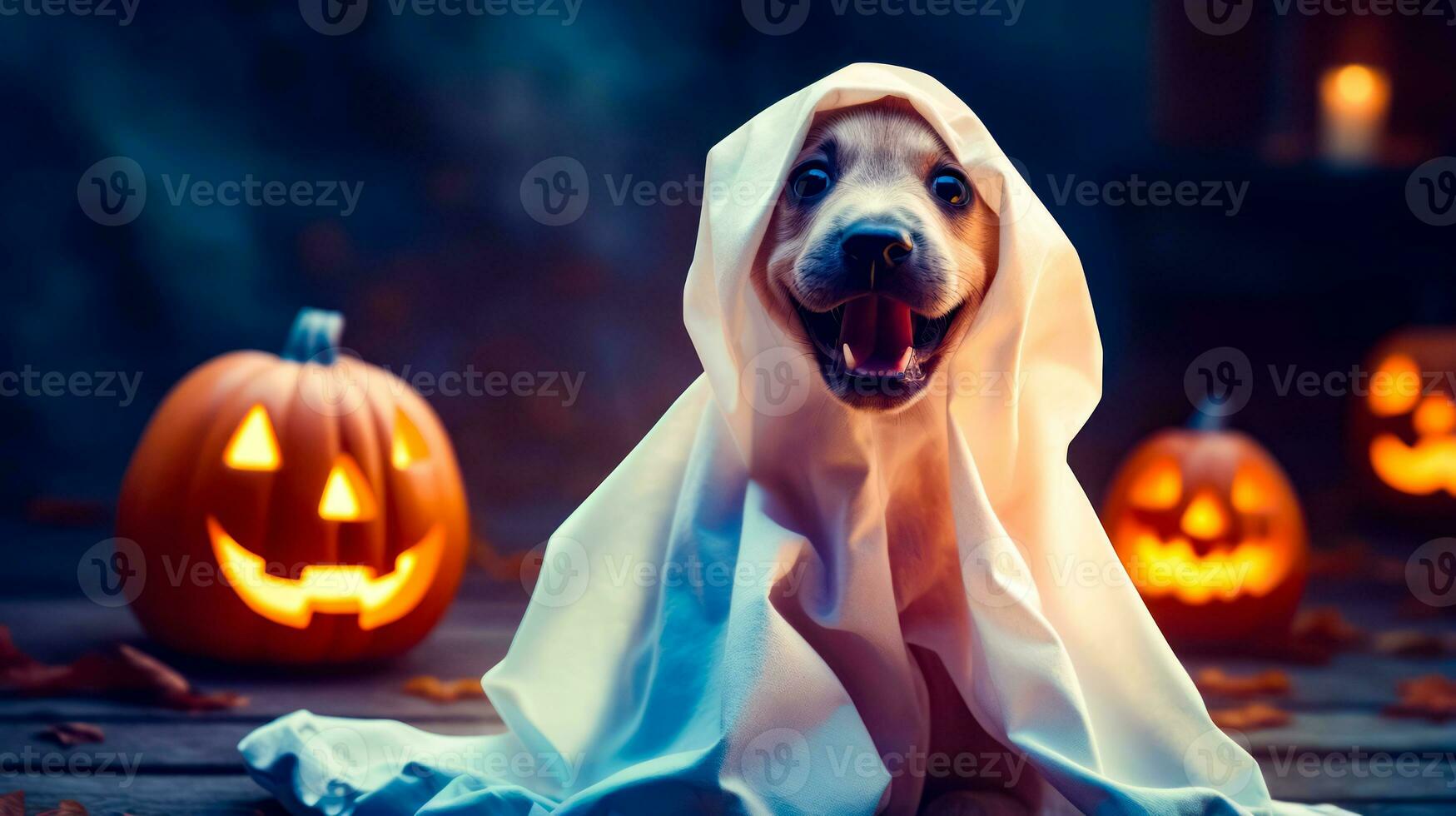 cane è vestito su come fantasma con zucca nel il sfondo. generativo ai foto