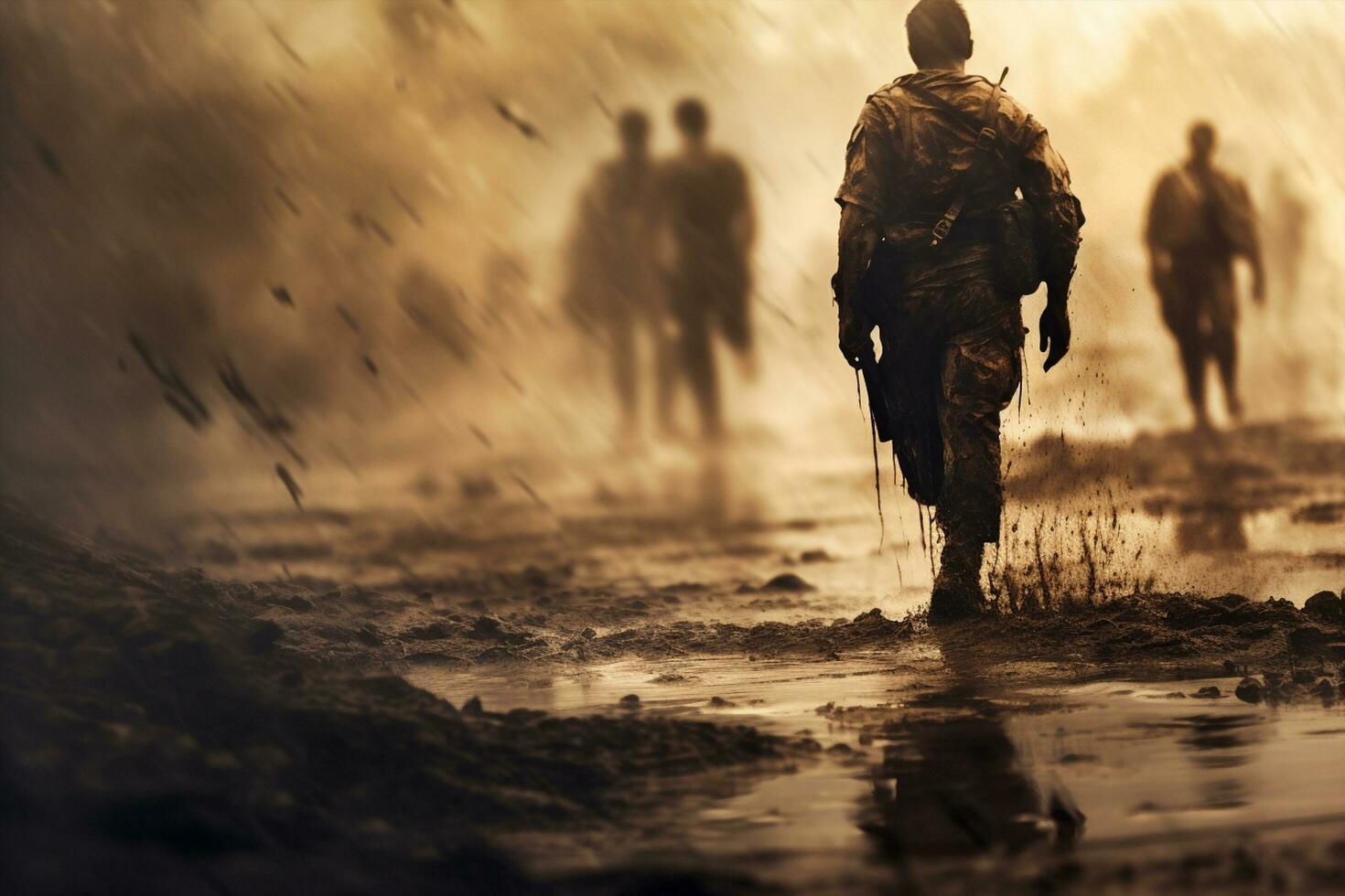 ai generato uomo camuffare esercito fanteria protezione maschio silhouette persona pistola speciale attacco combattere militare tramonto sfondo guerra guerra soldato arma armato battaglia fucile uniforme foto