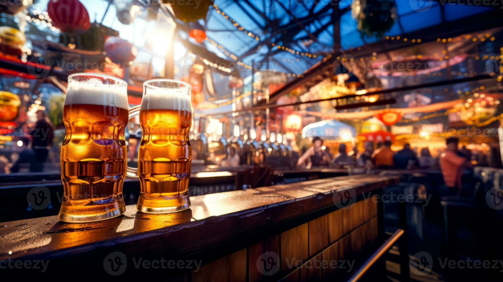 Due tazze di birra seduta su bar con persone nel il sfondo. generativo ai foto