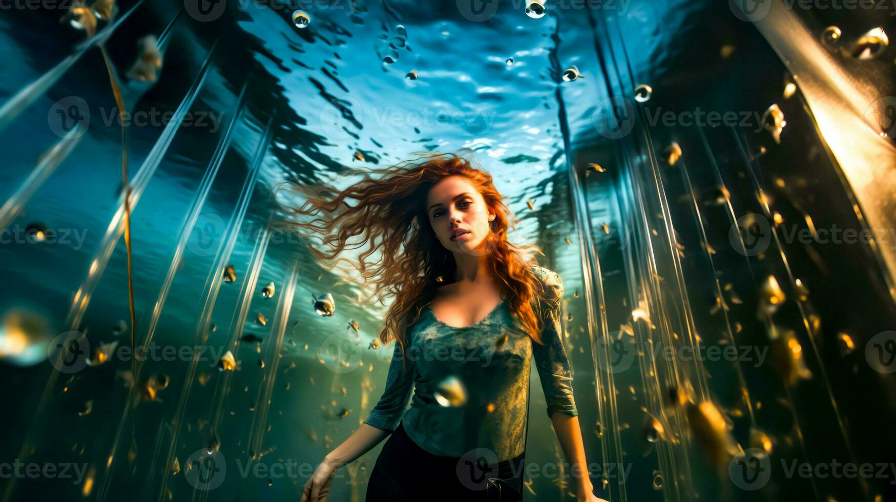 donna con lungo rosso capelli in piedi sotto acqua con bolle nel sua capelli. generativo ai foto