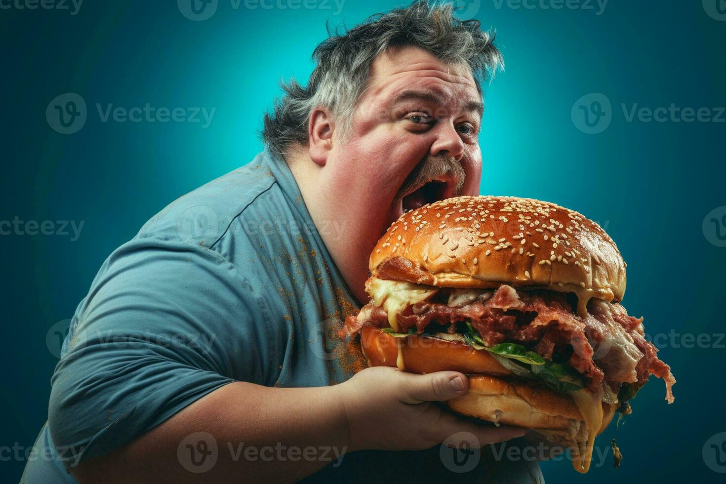 sovrappeso uomo mangiare un' delizioso Hamburger foto