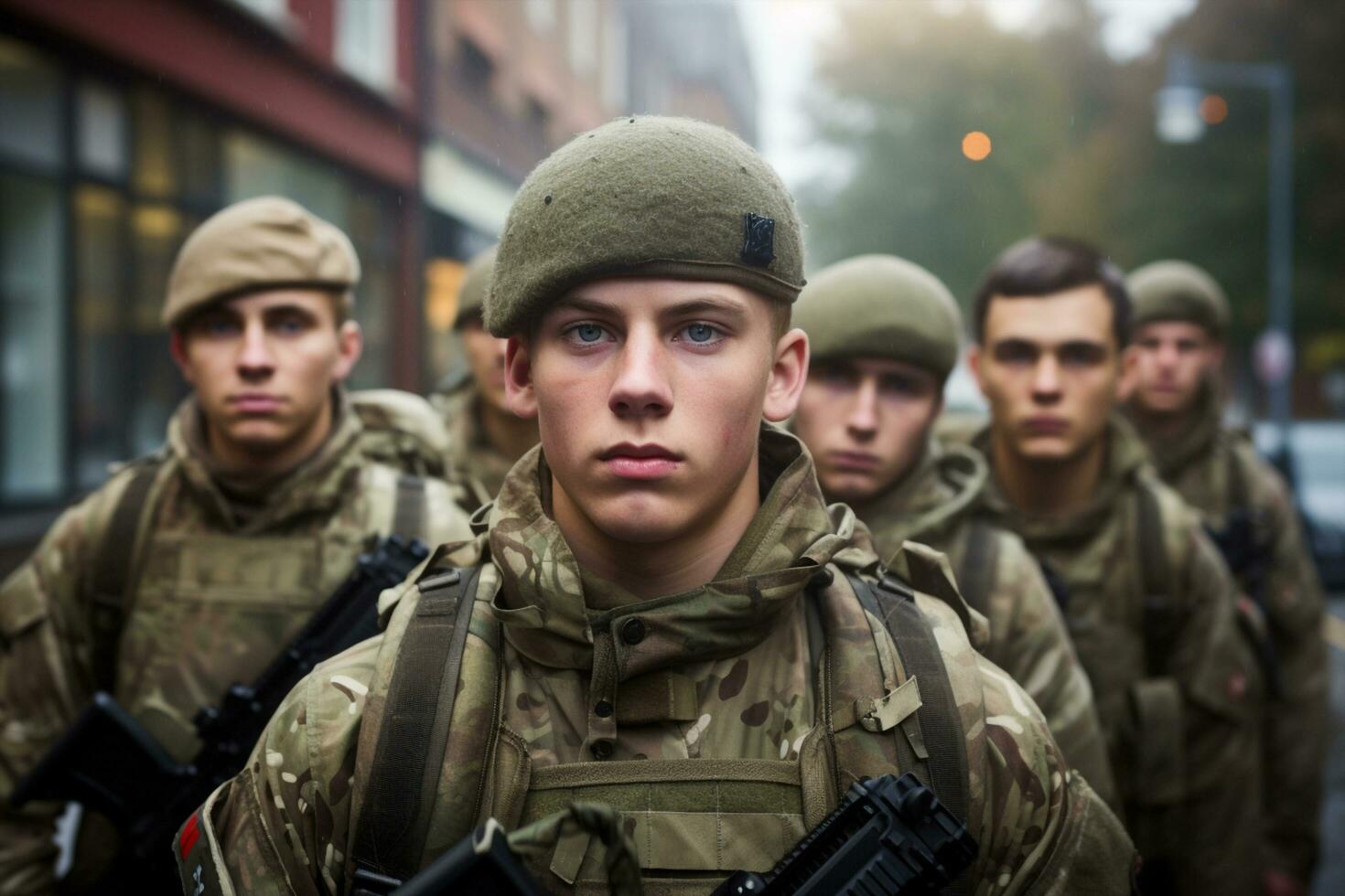 ai generato gruppo armato pistola vigore cerimonia giorno guerra editoriale uomini parata camuffare città militare esercito persona celebrazione arma soldati evento strada uniforme foto