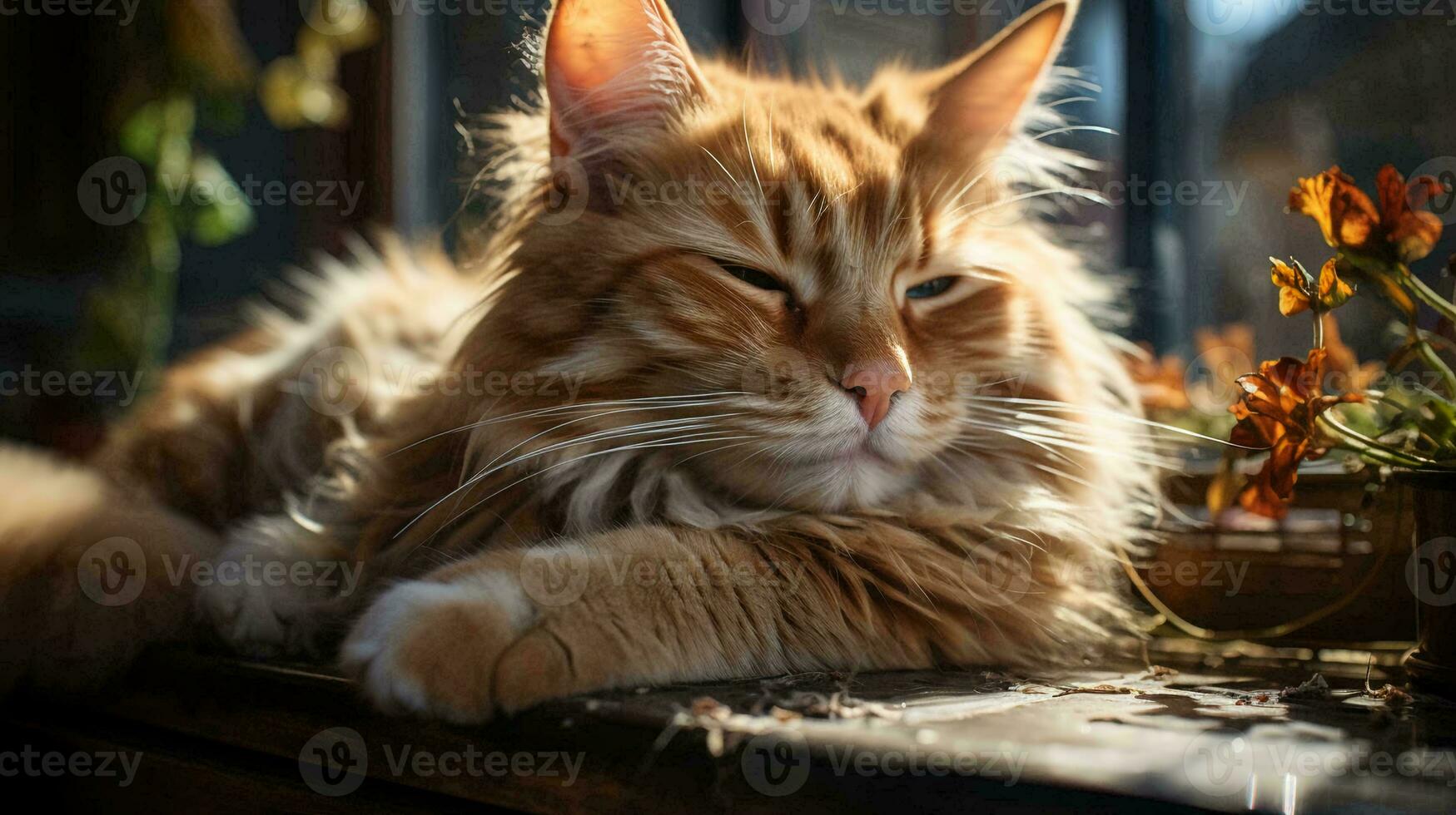 un' bellissimo soffice rosso gatto bugie riposo, dormendo, strabismo nel il sole, riscaldamento su foto