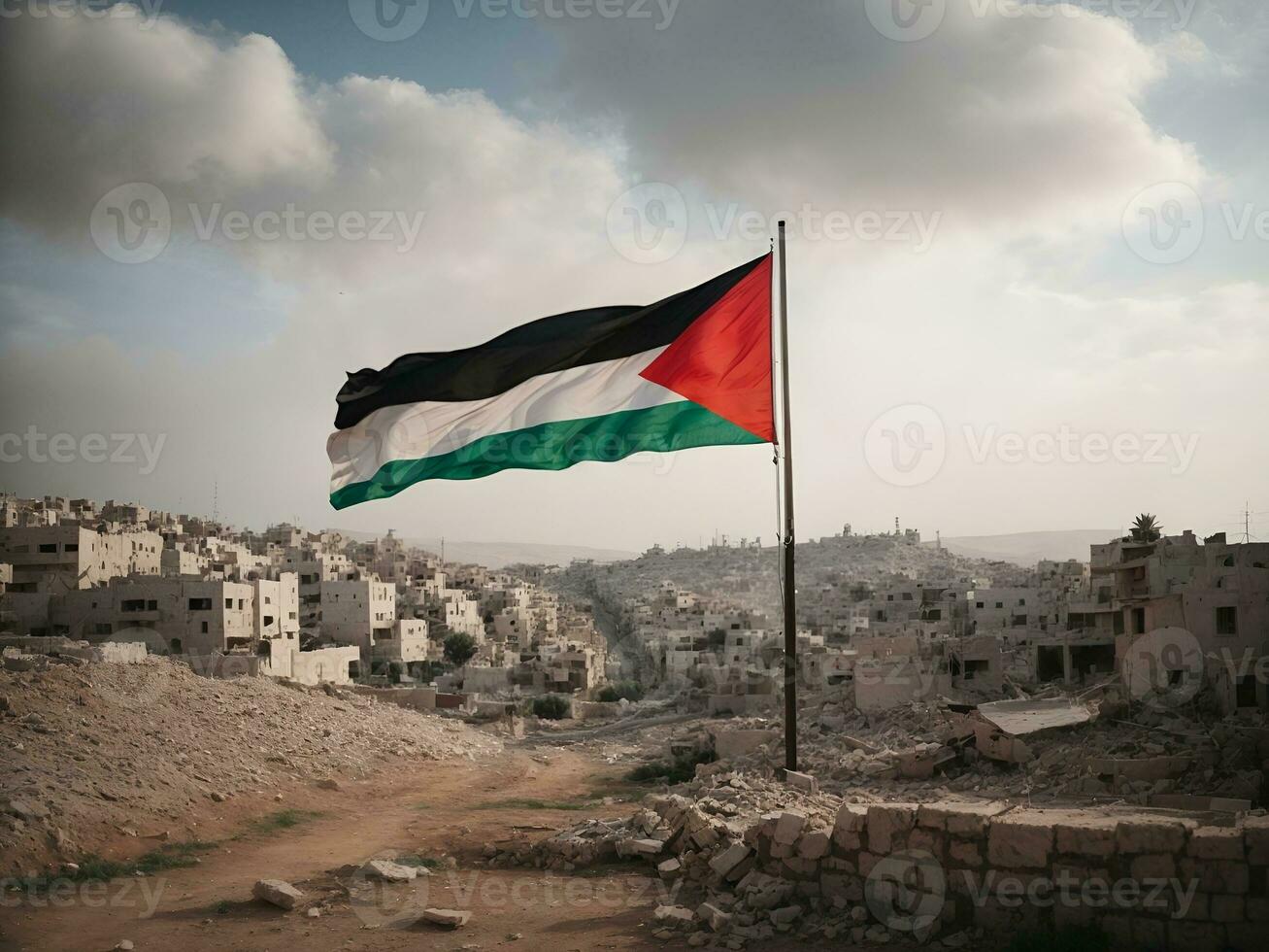 palestinese bandiera con distrutto città, ai generato. foto