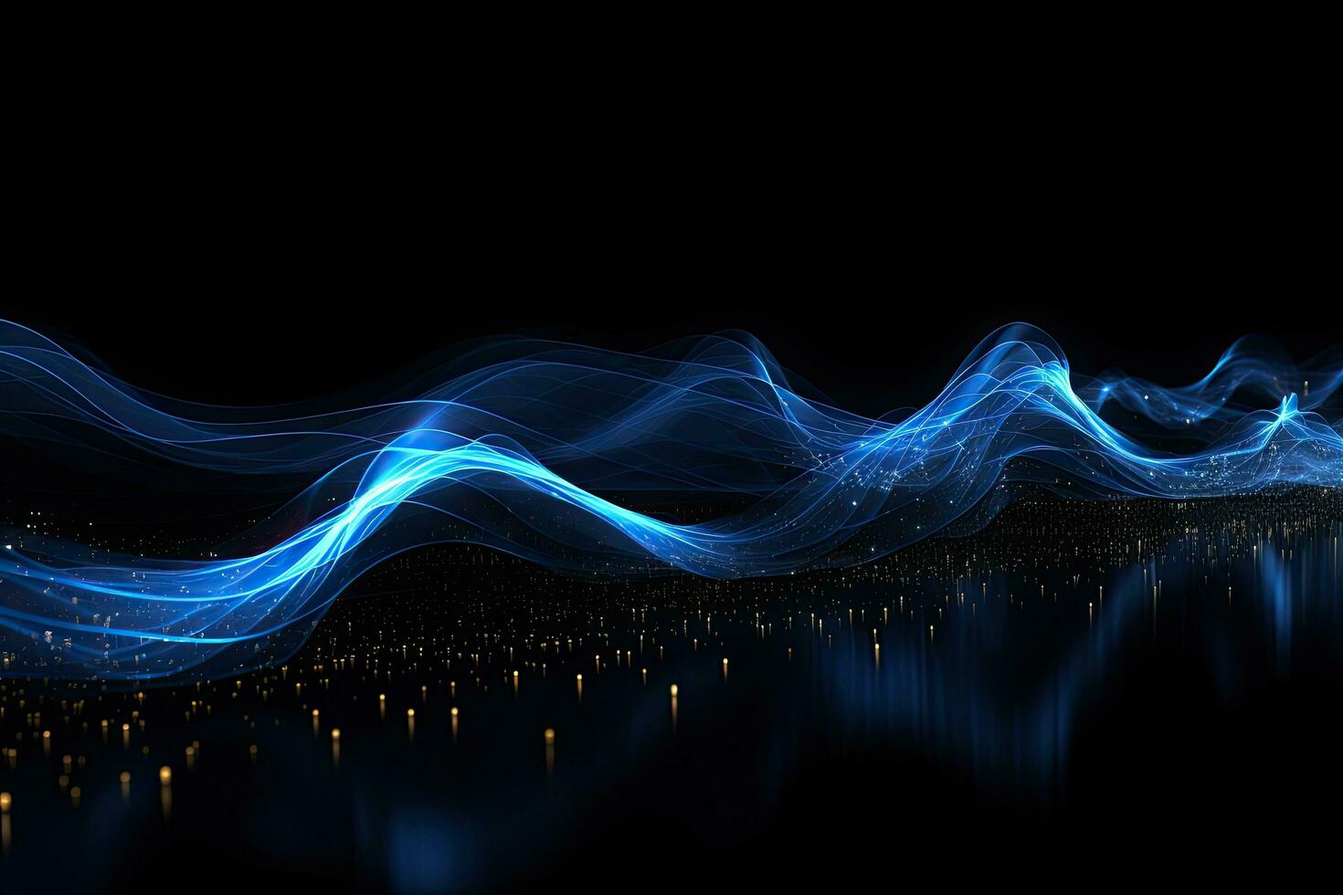 blu astratto onda su un' nero sfondo. 3d rendering, 3d illustrazione, raggiante blu Linee e astratto dati sistema su nero sfondo che rappresentano complesso dati fluire, blu connessione, ai generato foto