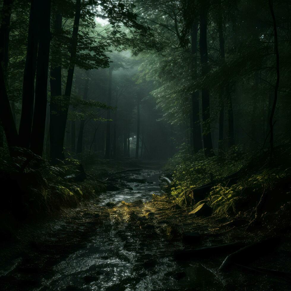 panoramico Visualizza di un' buio e misterioso foresta la creazione di un atmosfera di suspense. ai generativo foto