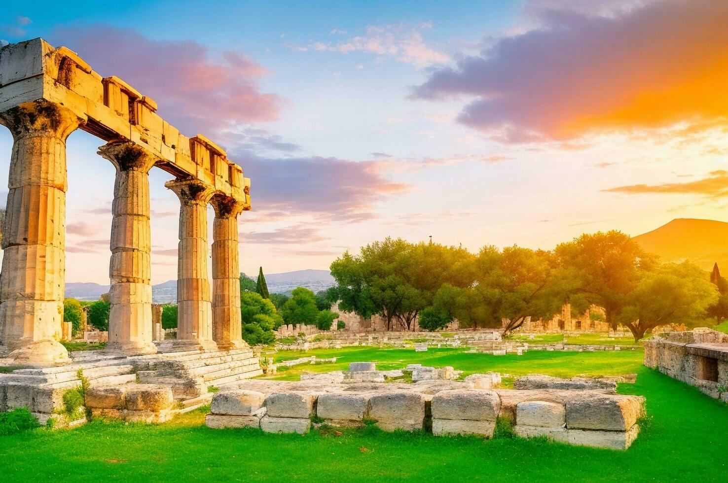 antico costruzione nel Atene, antico agorà di Atene nel Grecia bellissimo tramonto. ai generato. foto
