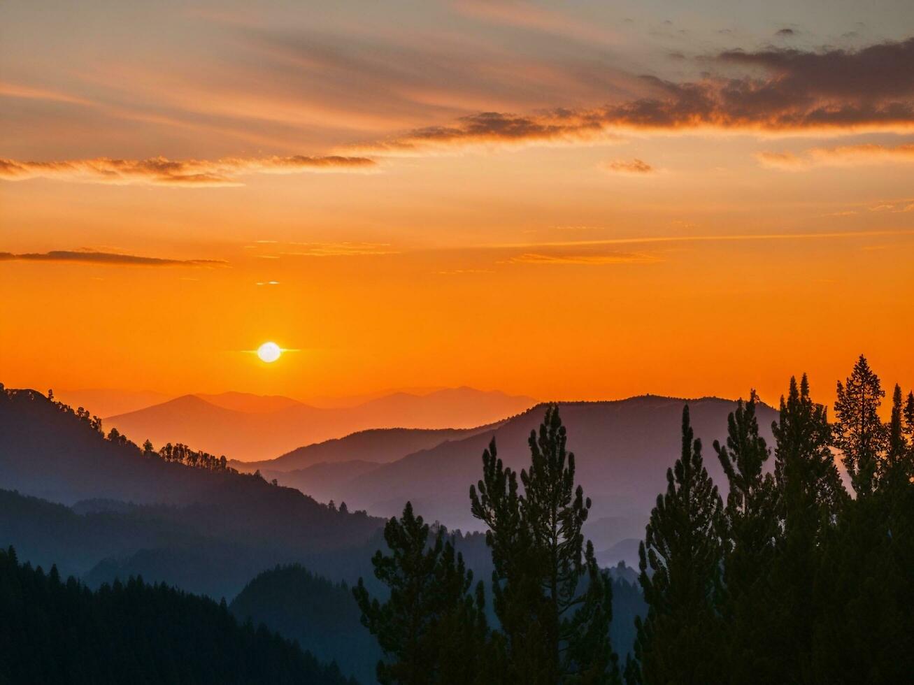 tramonto e sagome con alberi nel il montagne. ai generato. foto