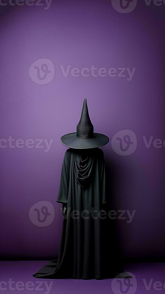 un' nero strega indossatrice su viola sfondo con copia spazio. Halloween decorazione. Halloween concetto. generativo ai. foto