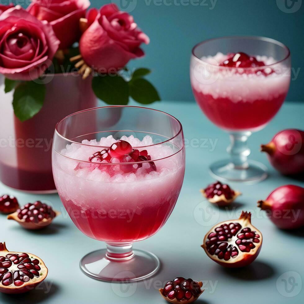 un' rinfrescante granita fatto con vivace Melograno succo e fragrante rosa acqua, servito nel un elegante bicchiere. ai generativo foto