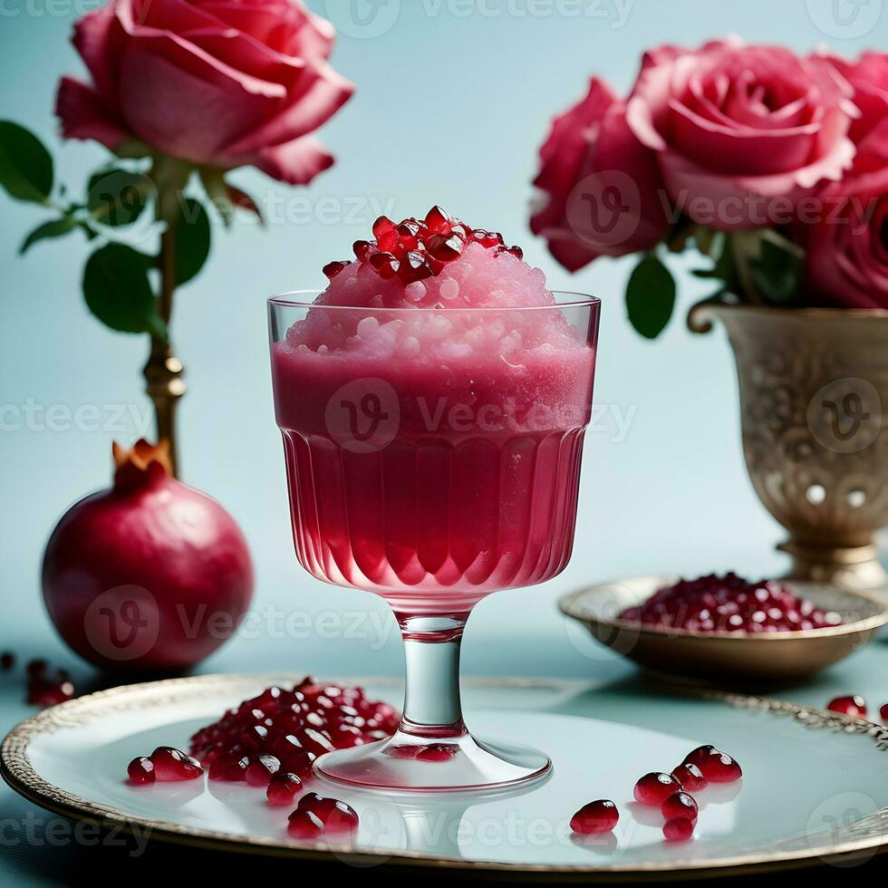 un' rinfrescante granita fatto con vivace Melograno succo e fragrante rosa acqua, servito nel un elegante bicchiere. ai generativo foto