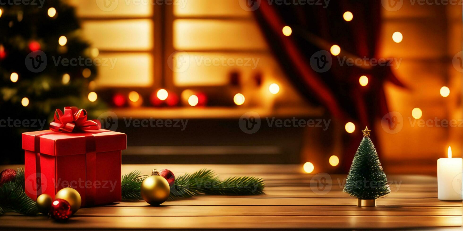 di legno tavolo e regalo decorazioni con sfocato Natale albero background.generative ai. foto