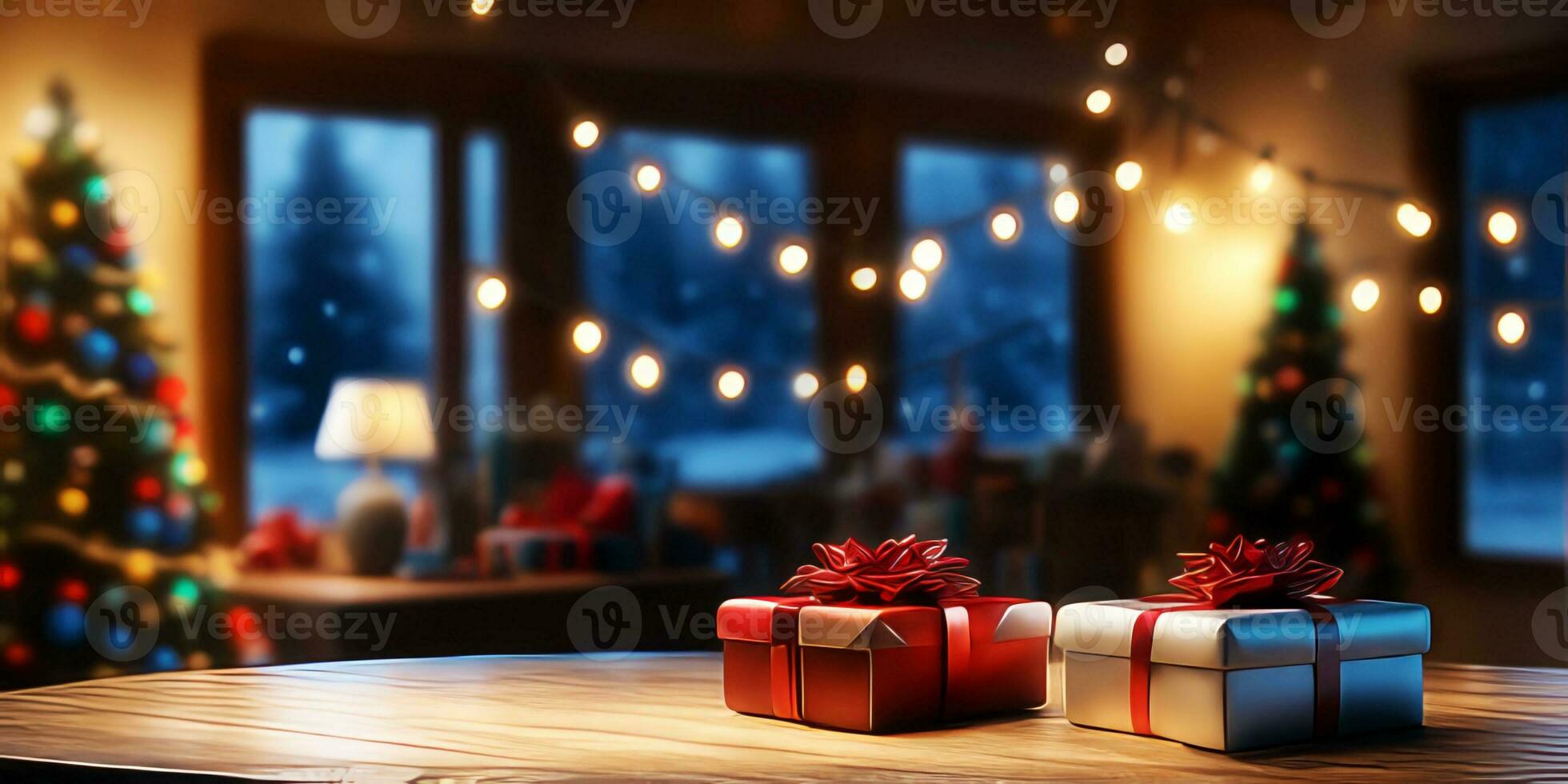 di legno tavolo e regalo decorazioni con sfocato Natale albero background.generative ai. foto