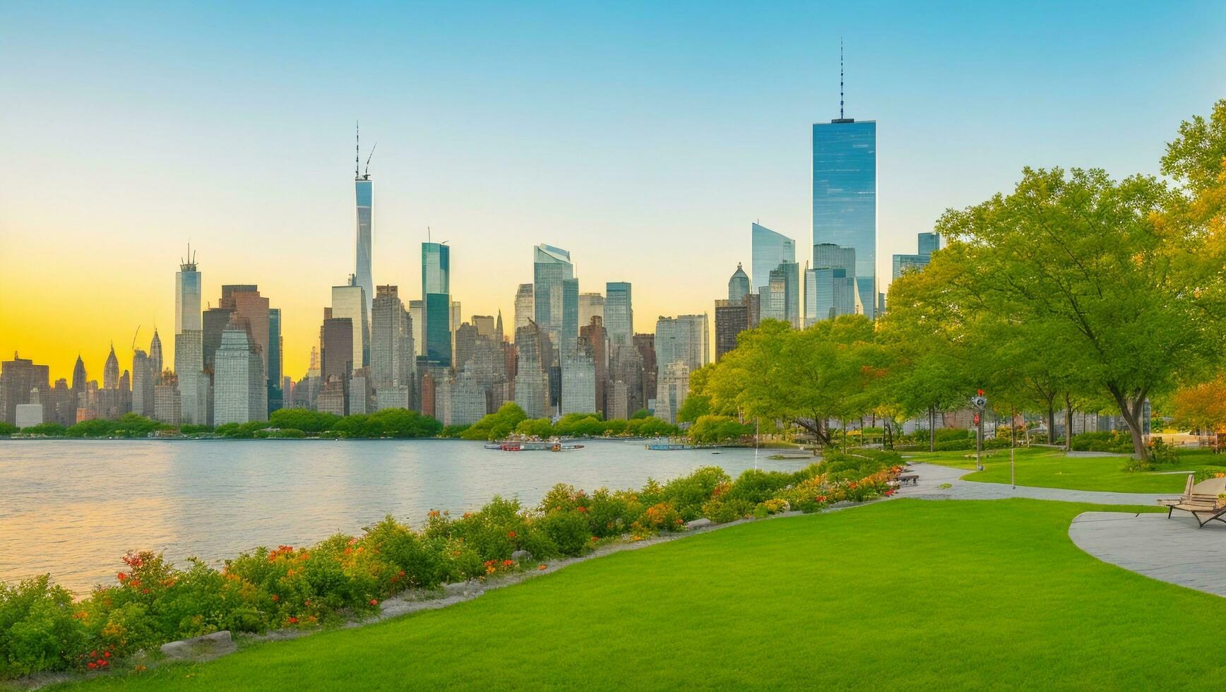 centro Manhattan con il poco isola pubblico parco nel nuovo York città a Alba. ai generato. foto