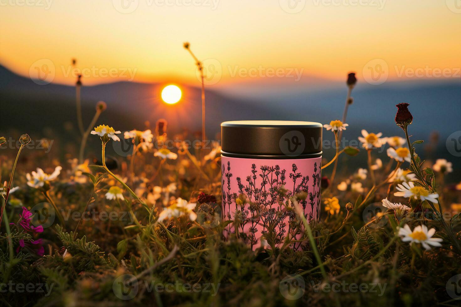 un' rosa thermos tazza con erbaceo tè sta nel un alpino prato tra il erbe a tramonto di il giorno. un' simbolo di il bellezza di natura e il serenità di semplice piaceri. ai generato. foto