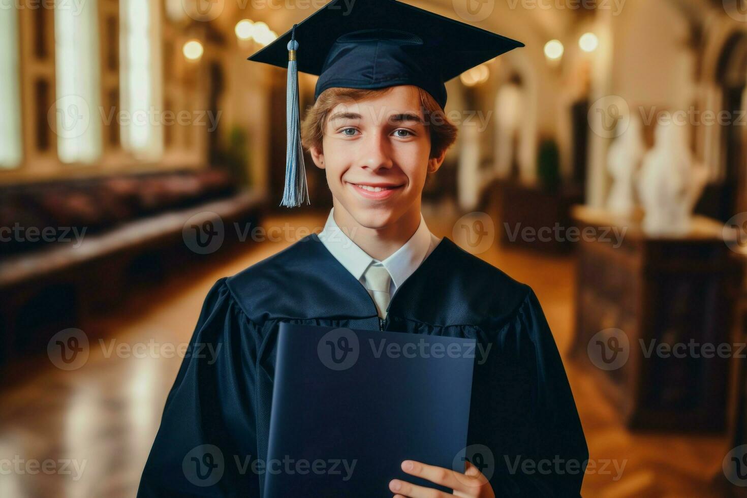 contento alunno nel accappatoio con diploma nel coll. creare ai foto