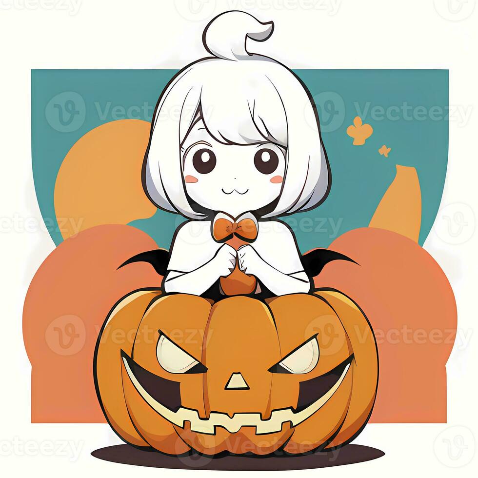 carino chibi ragazza su superiore di zucca Halloween etichetta cartone animato illustrazione stile foto