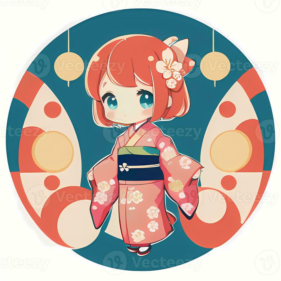 carino kawaii chibi anime ragazza etichetta carino giapponese yukata chimono semplice colorato sfondo foto