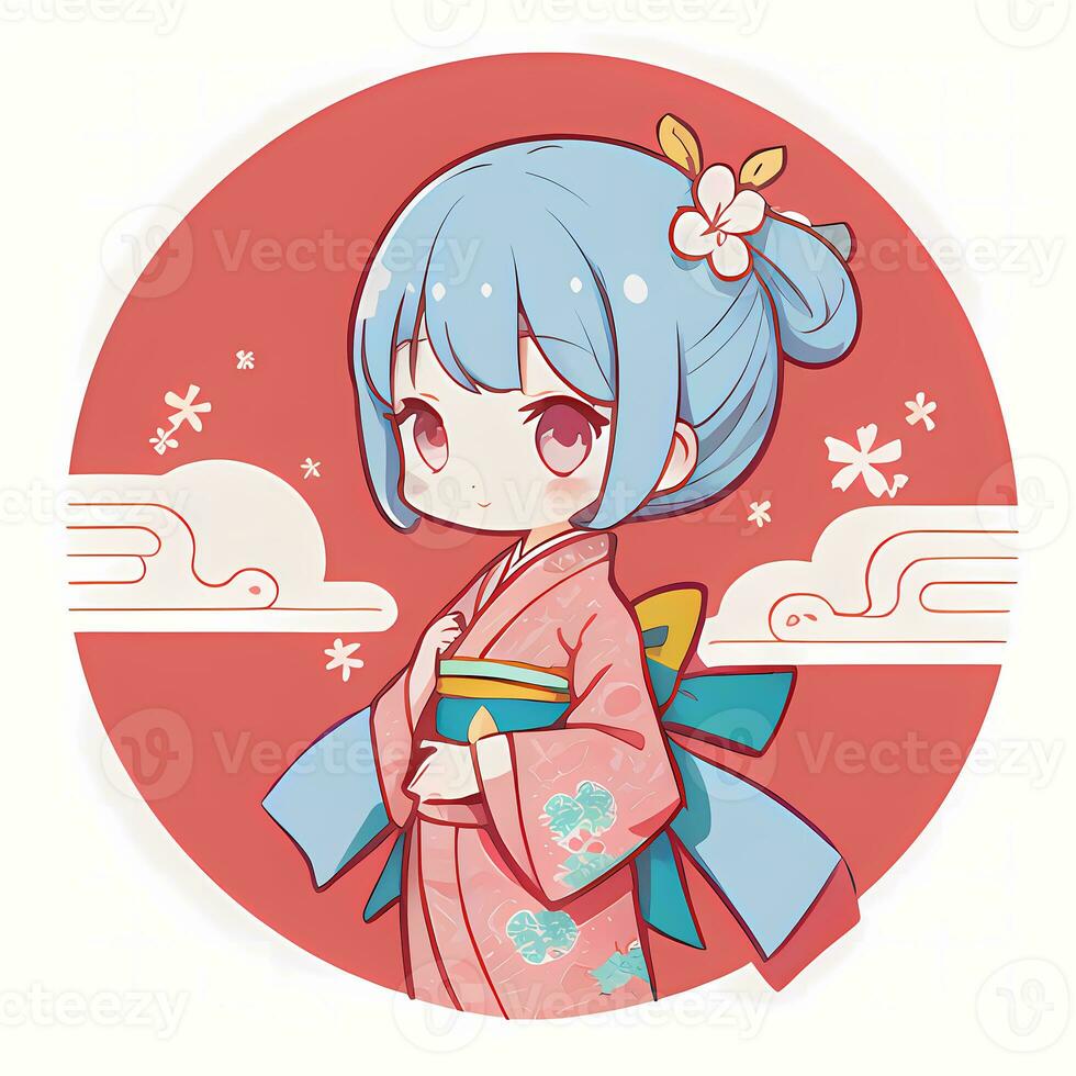 carino kawaii chibi anime ragazza etichetta carino giapponese yukata chimono semplice colorato sfondo foto