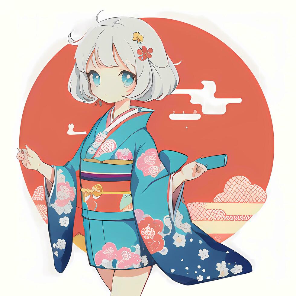 carino kawaii chibi anime ragazza etichetta carino giapponese yukata chimono semplice colorato sfondo foto