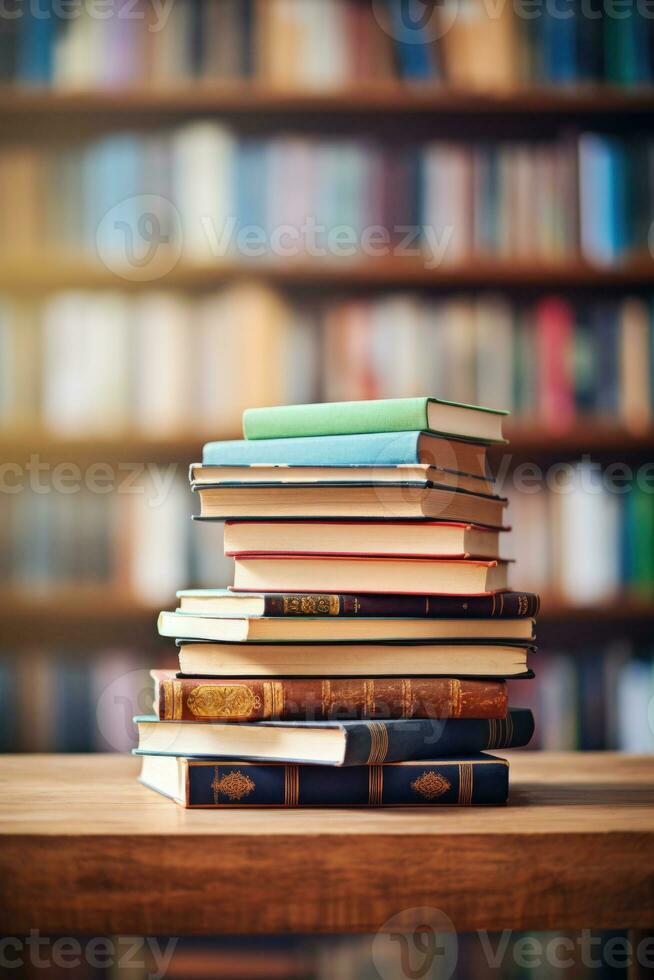 pila di libri contro biblioteca sfondo. generativo ai foto