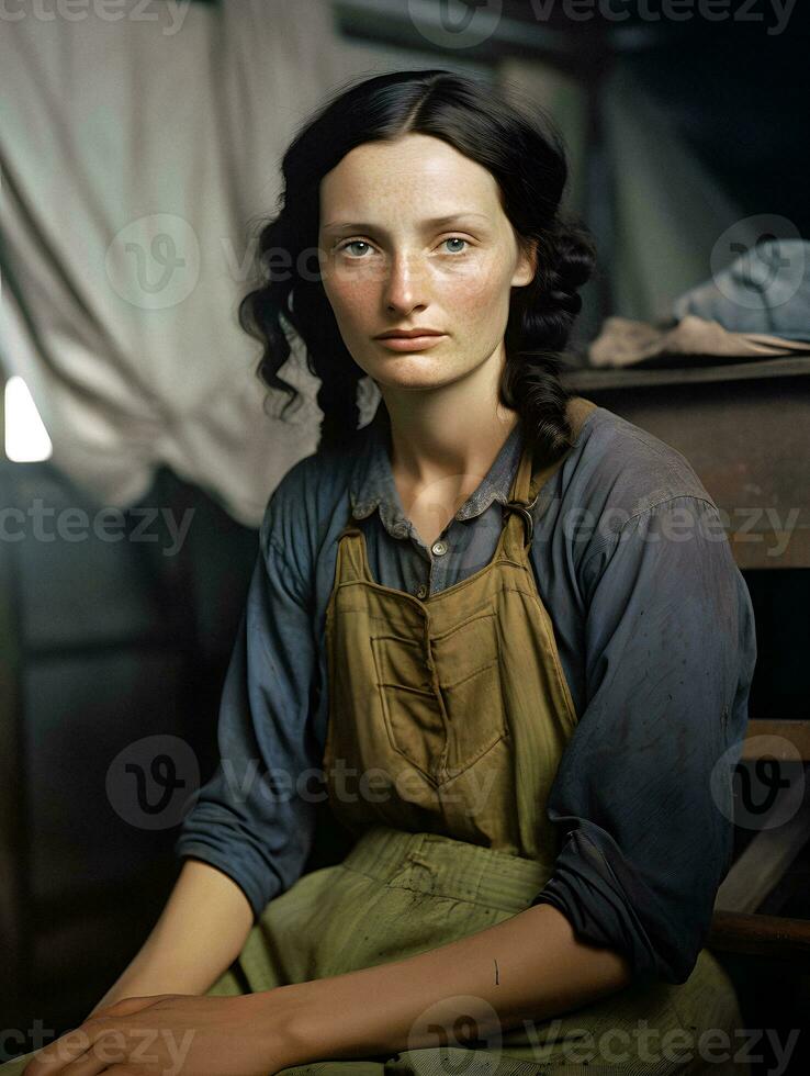 Vintage ▾ ritratto di un' giovane donna durante il grande depressione. generativo ai. foto